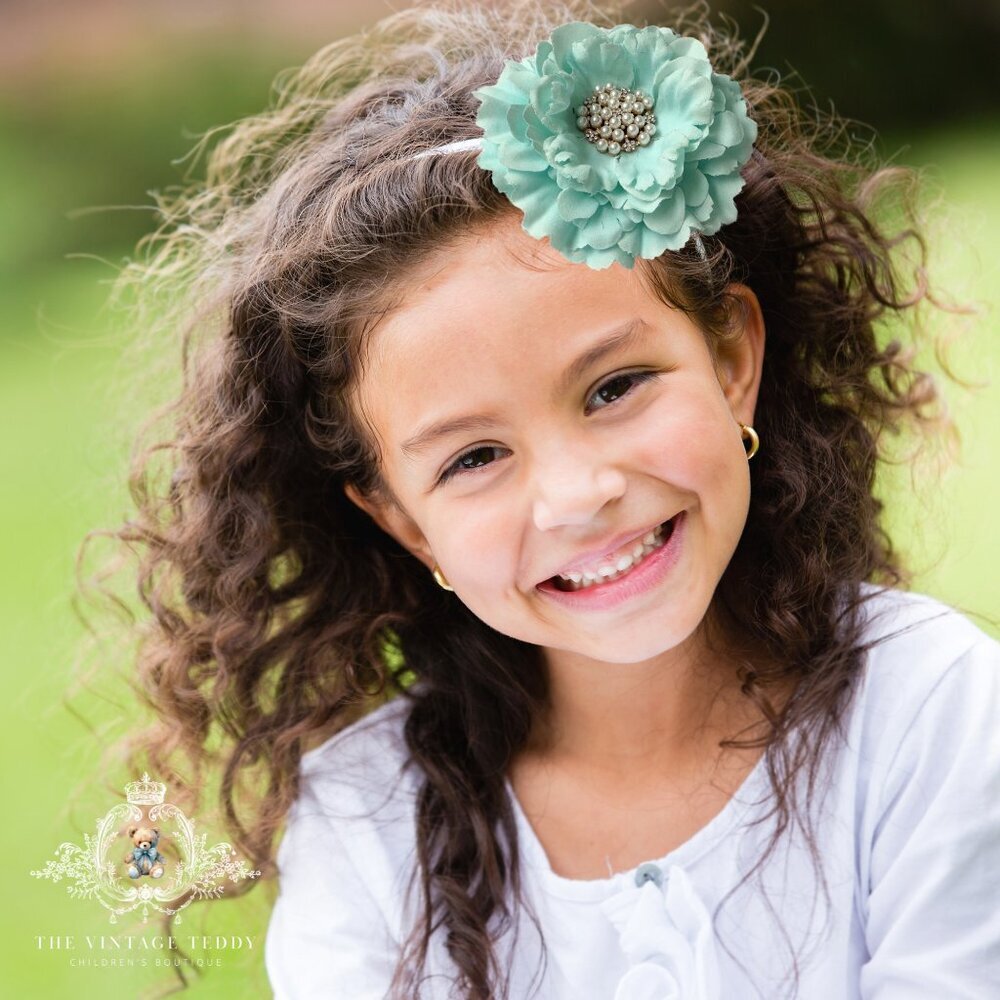 NWT Pretty Vintage Inspired Girls Headband Hair Floral Beaded Aqua OS